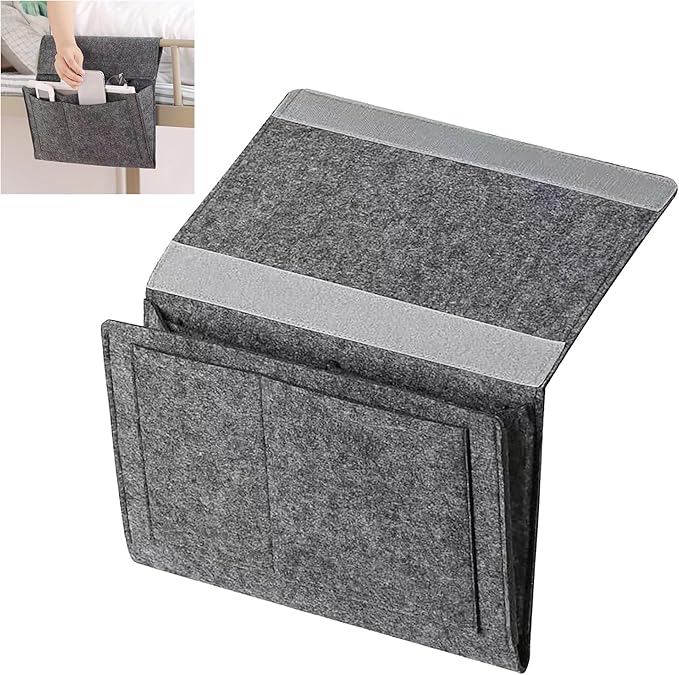 Bedside Caddy, 5 Pockets Felt Bedside Storage Organizer, Hanging Storage Organizer for Home Bedroom Living Room College Dorm Bed Water Bottles, Magazines, Phone, Glasses (Gray)