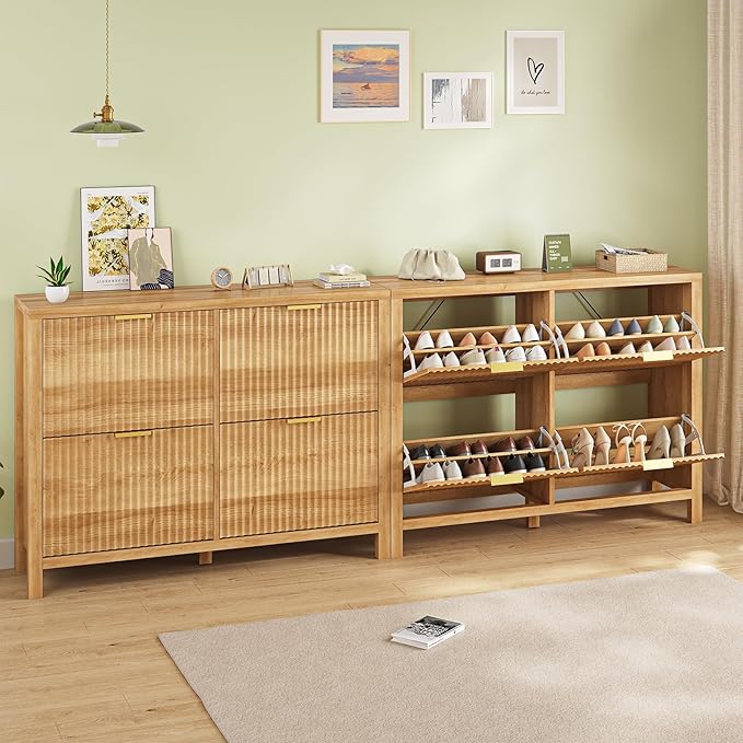 Shoe Cabinet Storage for Entryway, Fluted Shoe Cabinet with 4 Flip Drawers, Hidden Shoe Rack Freestanding Wooden Shoe Organizer with Legs for Hallway, Oak