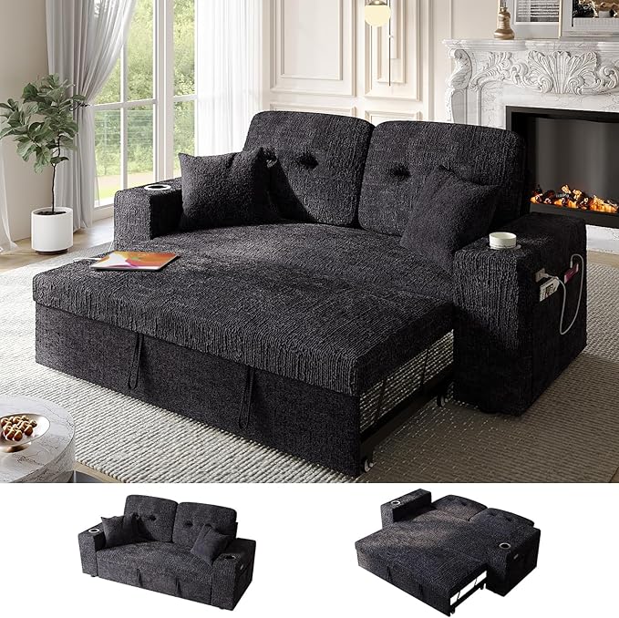 63 Inch Sleeper Sofa Bed, 4 in 1 Pull Out Couch Bed with Adjustable Backrest, Small Loveseat with Wide Armrest | USB Charging | Side Pockets | Cup Holders | Tool Free Assembly, Navy Blue
