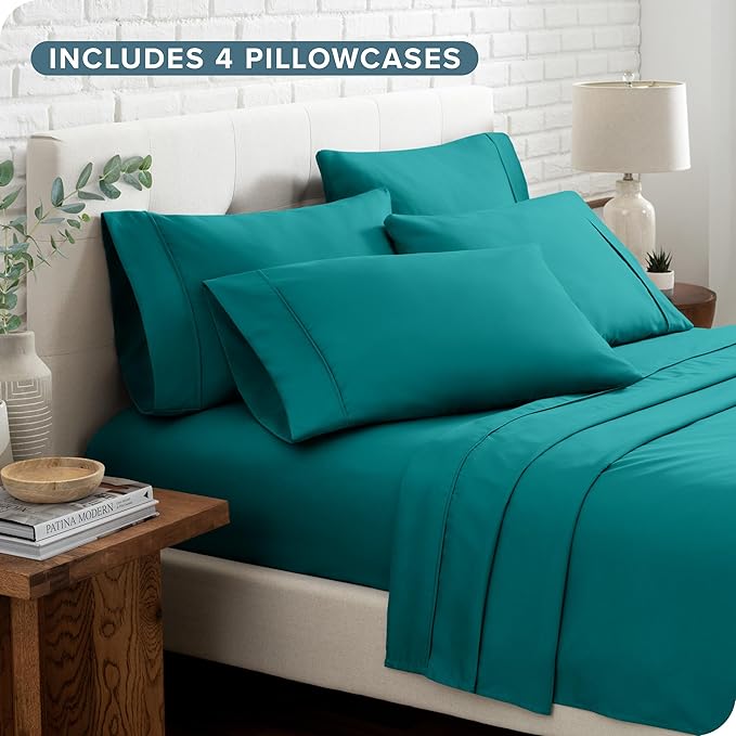 Bare Home Hotel Luxury King Sheet Set, Extra Soft - 6 Piece Set - Deep Pockets - Easy Fit - Cooling & Breathable - Wrinkle, Fade, Stain Resistant - Includes 4 Pillowcases (King, Emerald)