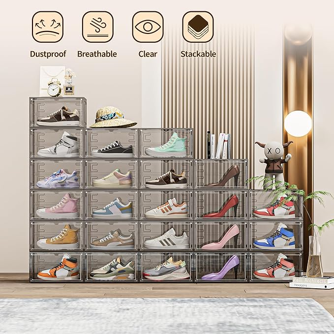 8 Pack XX Large Shoe Organizer, Heavy-Duty Hard Thicken Plastic Clear Stackable Shoe Storage Box Organizer for Closet, Space-Saving Shoe Rack Display Case Bin Containers for Sneakers, Grey