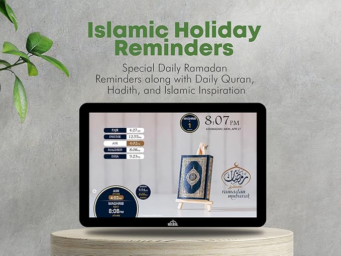 Masjidal 14" Digital Azan Clock with WiFi, Dynamic Touch Screen, Worldwide Prayer Times, Full Quran Player, Islamic Art, Streaming Halal Muslim Content: Duas, Dhikr, Hadith, Surah of The Day, Black