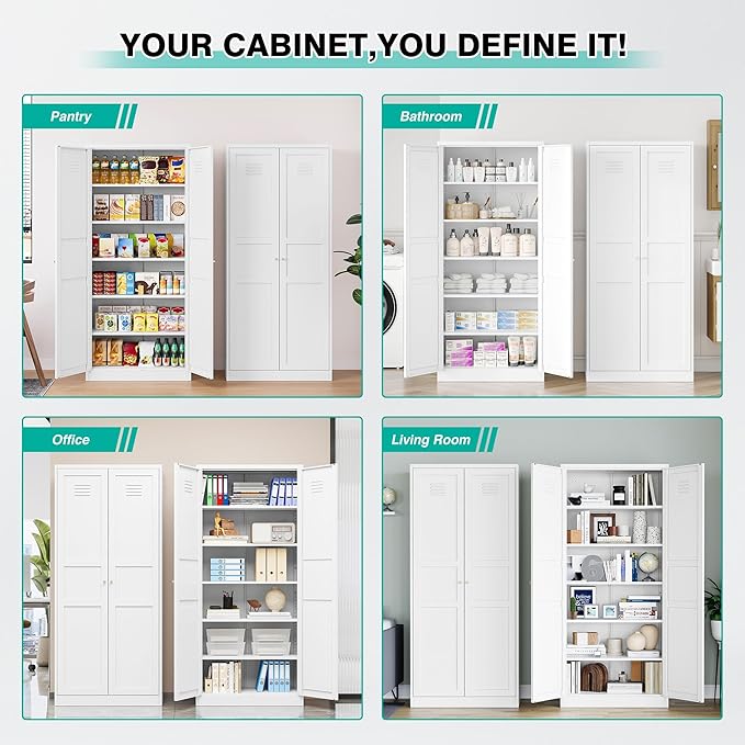SISESOL 71" Tall Pantry Cabinet with 2 Doors and 6 Shelves,Kitchen Pantry Storage Cabinets,White Metal Storage Cabinet,Wide Deep Food Cupboard for Home,Kitchen,Dining/Living Room