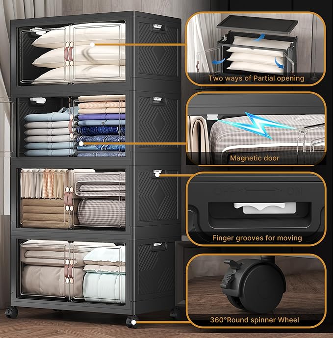 Extra Large Stackable Storage Bins with Lids & Wheels & Door, 1280QT-160QT/40GAL*8Pack Foldable Collapsible Closet Organizers, Plastic containers drawers for bedroom Dorm