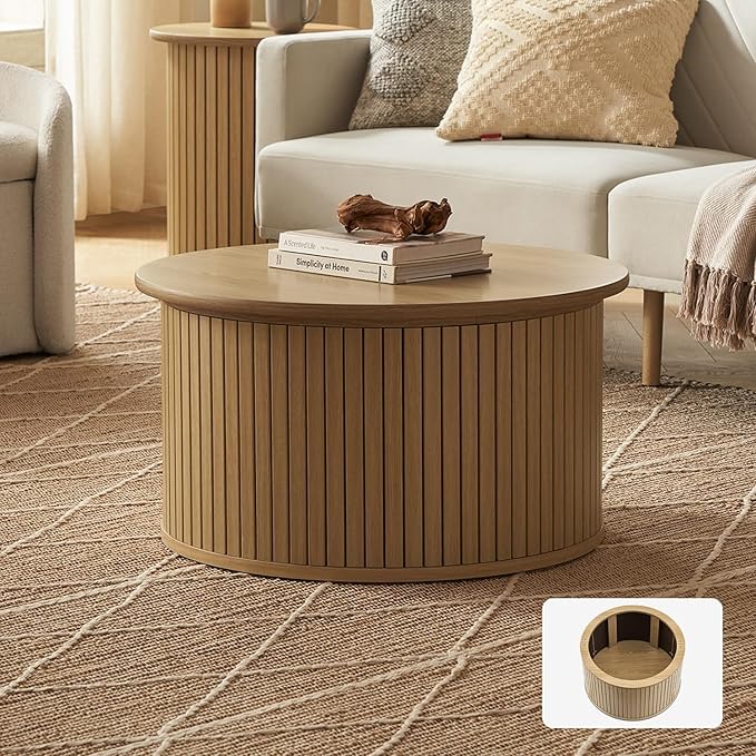 mopio Quin Tambour Round Circle Coffee Table with Storage, Drum Accent, Mid Century Modern, Wood, Fluted Center, Tea Table with Removable Lid, Living Room (Oak)
