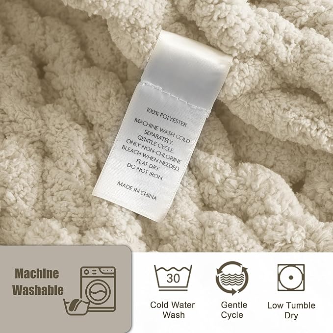 Chunky Knit Throw Blanket 60"X 80", 100% Handmade with Soft Chenille Yarn, 6.7lbs Thick Cable Knitted Blankets, Large Rope Knot Crochet Throws for Couch Sofa Bed Home Decor, Beige