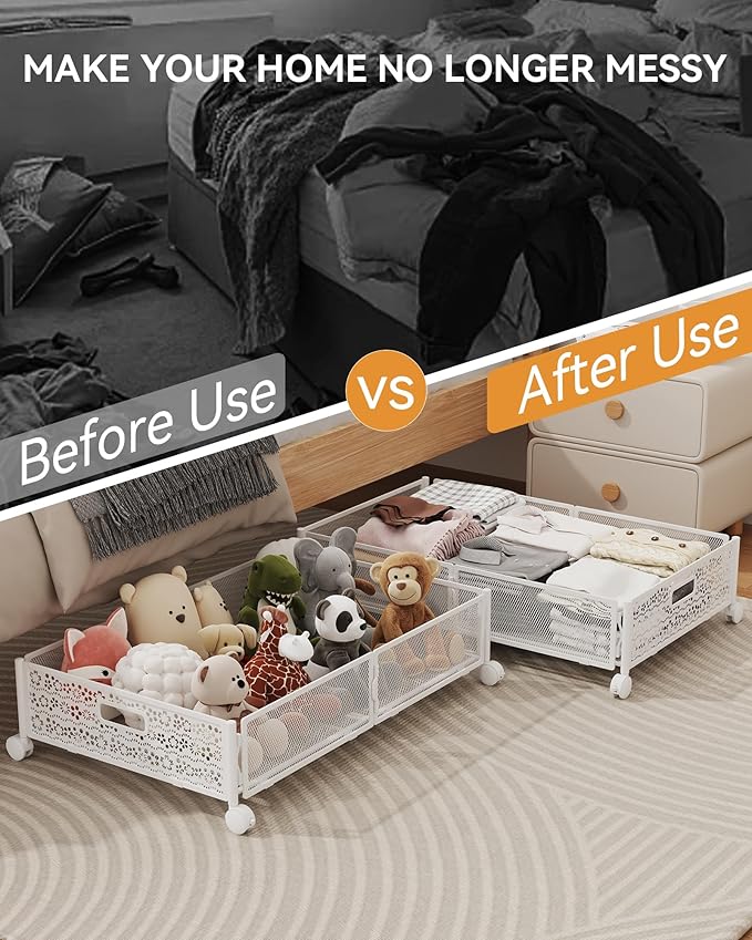 Under Bed Storage with Wheels, Foldable Pattern Carved Metal Under The Bed Storage, Tool-Free Assembly Under Bed Storage Containers, 60L Underbed Storage for Bedroom Clothes Blankets-2 Pack