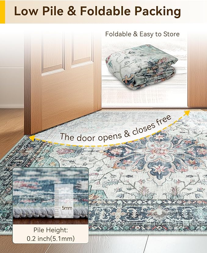Area Rugs 4'x6' Washable Non-Slip, Floral Vintage Distress Print Pattern Medallion Carpet for Living Room Bedroom Dining Room, Green Navy Blue White Red Teal Colorful