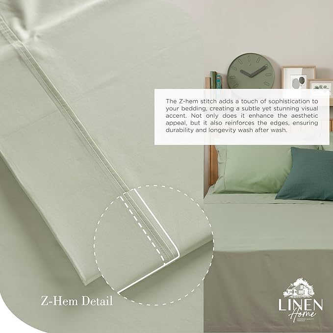 Linen Home 100% Cotton Percale Sheets Queen Size, Sage, Deep Pocket, 4 Pieces Set - 1 Flat, 1 Deep Pocket Fitted Sheet and 2 Pillowcases, Crisp Cool and Strong Bed Linen