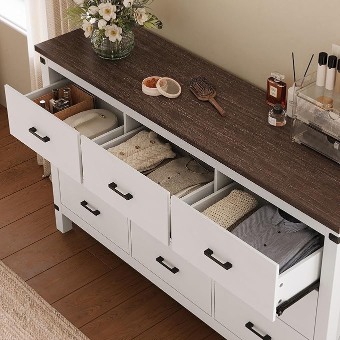 LINSY HOME Dresser for Bedroom with 9 Drawers, 59” Wide Chest with Deep Drawer, Modern Farmhouse Dresser TV Stand with Metal Handles, Wood Storage Cabinet for Closet, Living Room, Hallway, Off White