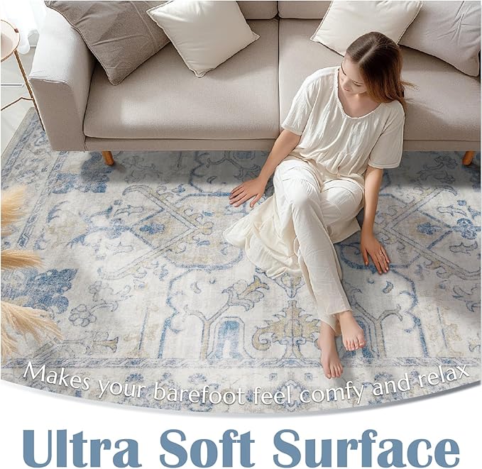 jinchan 8x10 Area Rugs for Living Room Washable Soft Throw Rug Ultra-Thin Stain Resistant Non-Slip Distressed Vintage Floral Large Carpet for Bedroom,Dining Room,Home Office,Nursery (8x10ft,Blue)