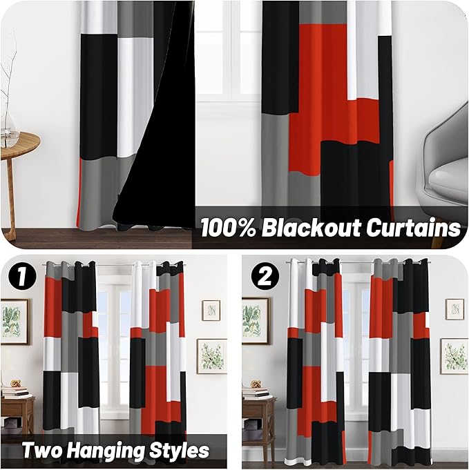 Red Black 100% Blackout Curtains for Bedroom 63 inch Length 2 Panels Set White Grey Modern Abstract Geometric Black Out Curtains Christmas Red Room Darkening Window Drapes Living Room, 52Wx63L