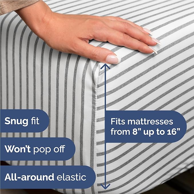 Full 6 Piece Sheet Set - Cooling, Comfy & Breathable - Hotel Luxury Bedding, Includes Fitted Sheet for Women, Men, Kids & Teens - 1 Flat, 1 Fitted Sheet, 4 Pillowcases w/Deep Pockets - Grey Stripes
