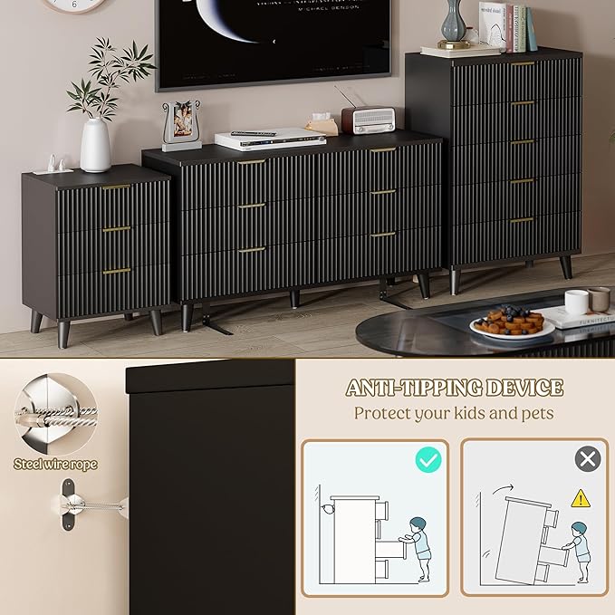 Lulive Black Dresser for Bedroom Wood Dressers Chest of Drawers, Fluted 54" Wide Modern Long Dresser TV Stand 6 Drawers for Bedroom, Closet, Hallway (Black)
