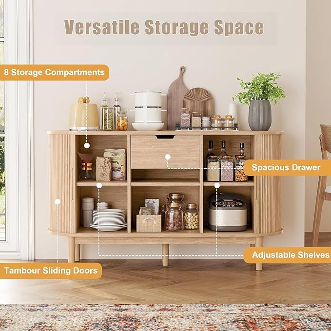 LINSY HOME Sideboard Buffet Cabinet with Storage, 55" Fluted Coffee Bar Cabinet with Tambour Sliding Doors and Drawer, Mid Century Modern Wood Storage Buffet Table for Kitchen, Living Room, Oak