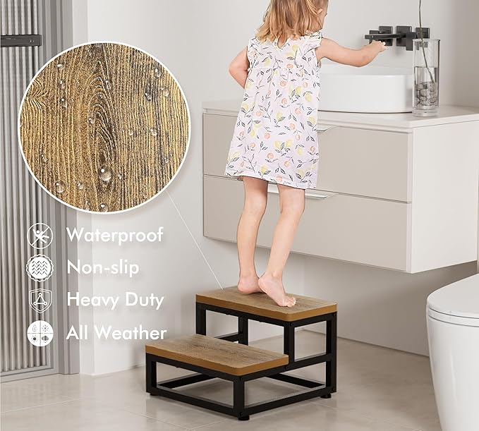 Two Step Stool for Adults Kids, Bed Step Foot Stool with Adjustable Non-Slip Feet, Portable Sturdy Metal Frame Stepping for Kitchen Bathroom Bedroom Living Room, Indoor or Outdoor Use, Rustic Brown