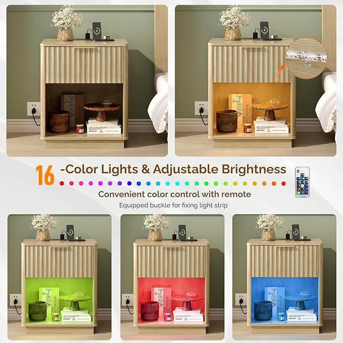 VINGLI Nightstand with Charging Station, LED Nightstand Fluted with Rounded Edge, 19" W Mid Century Modern Night Stand for Bedroom, Fluted Bed Side Table, Oak, 18.9" W*15" D*22.4" H