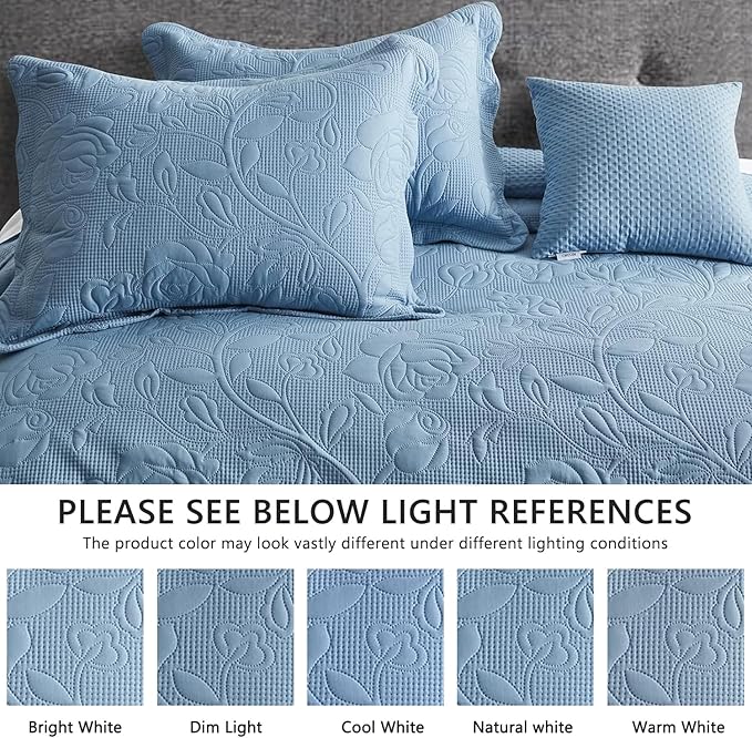 CHIXIN Oversized Bedspread Coverlet Set King Size - Lightweight Bedding Cover - Ultrasonic Quilting - 5 Piece Reversible Bedspread - Vintage Rose Pattern (King, Ashley Blue)