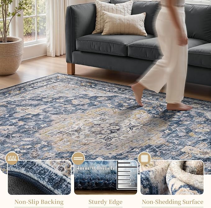 PADOOR 9X12 Area Rug,Rugs for Living Room,Soft Blue Rugs for Bedroom,Machine Washable Rug Non Slip Carpet for Dining Room Living Room Bedside Office
