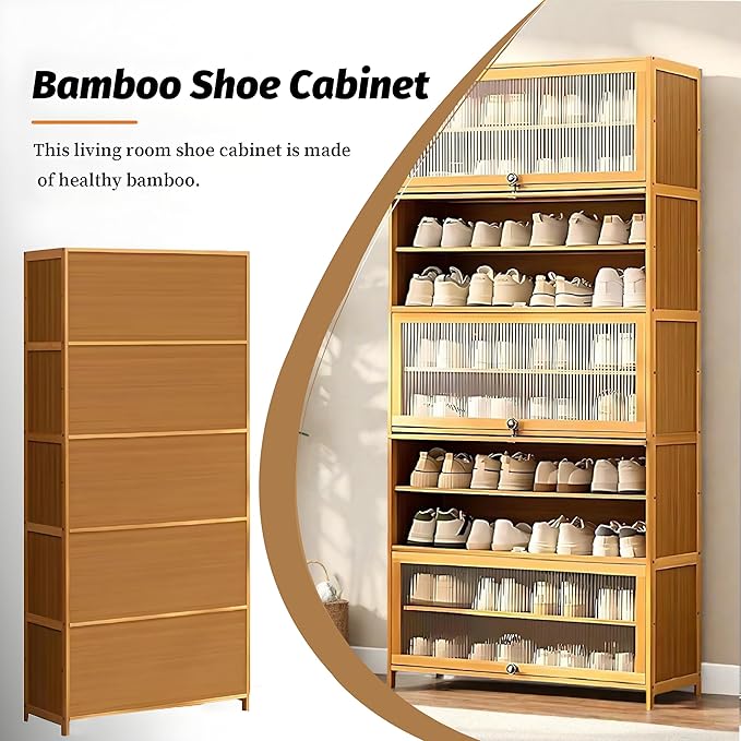 Tall Shoe Cabinet with Acrylic Doors, 10-Tier Large Capacity Bamboo Shoe Cabinet, 40-45 Pairs Freestanding Shoe Rack & Shoe Organizer for Closet Entrance, Hallway, Living Room, Bedroom