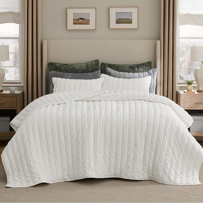 Bedsure Velvet Quilt Queen Size Set - Lightweight Velvet Comforter Queen, Luxury Bedspread Coverlet, Ultra-Soft Winter Bedding Set with 2 Pillow Shams, 90"x96", Cream White