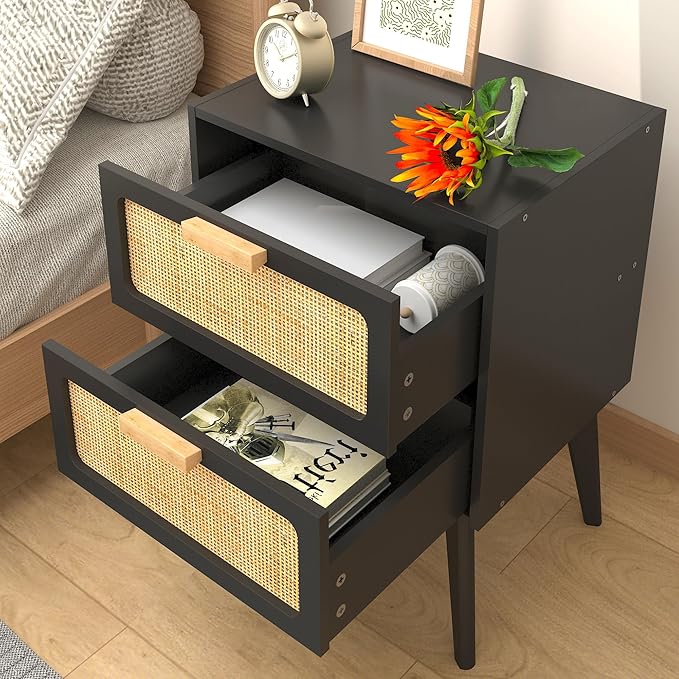 YAUKOMEL Rattan Nightstand, Wood End Table, Side Table with 2 Hand Made Rattan Decorated Drawers,Boho Bedside Table,Wood Accent Table with Storage for Livingroom, Bedroom, Black CTG59B