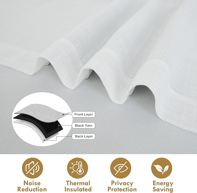 DriftAway Double Layer Linen Blackout Tie Up Curtains Thermal Insulated Fully Lined Balloon Roman Shade Bathroom Window Adjustable Rod Pocket for Small Window 45 Inch by 63 Inch White