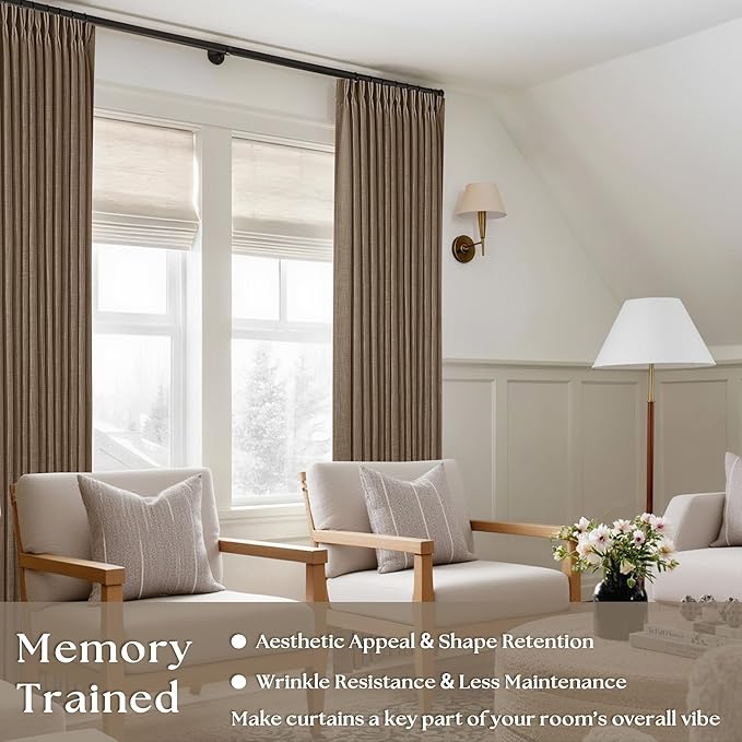 Brown Pinch Pleated Linen Curtains 84 Inches Long 2 Panels Set for Living Room Dining Pinch Pleat Back Tab Light Filtering Boho Farmhouse Bedroom Window Curtain Drapes 84 Inch Length Dutch Cocoa