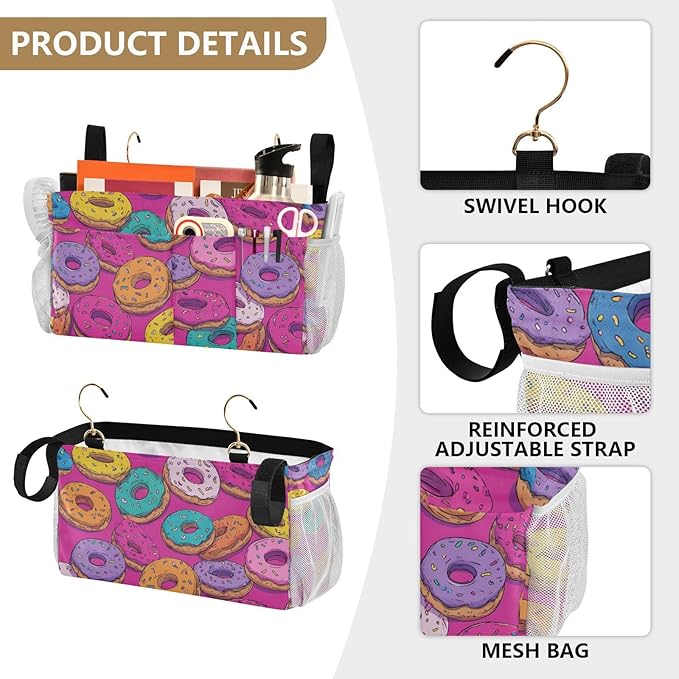 Bedside Caddy Hanging Bunk Bed Caddy Bed Organizer Hanging Pocket with 2 Hooks Bedside Storage Organizer Pocket Bag Holder Cute Donuts Colorful