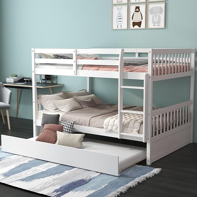 KOMFOTT Wood Full Over Full Bunk Bed with Trundle, Full Bed Frame with Ladder, Solid Wood Frame & Safety Guardrails, Space-Saving Bunk Bed for Teens & Adults, No Box Spring Needed