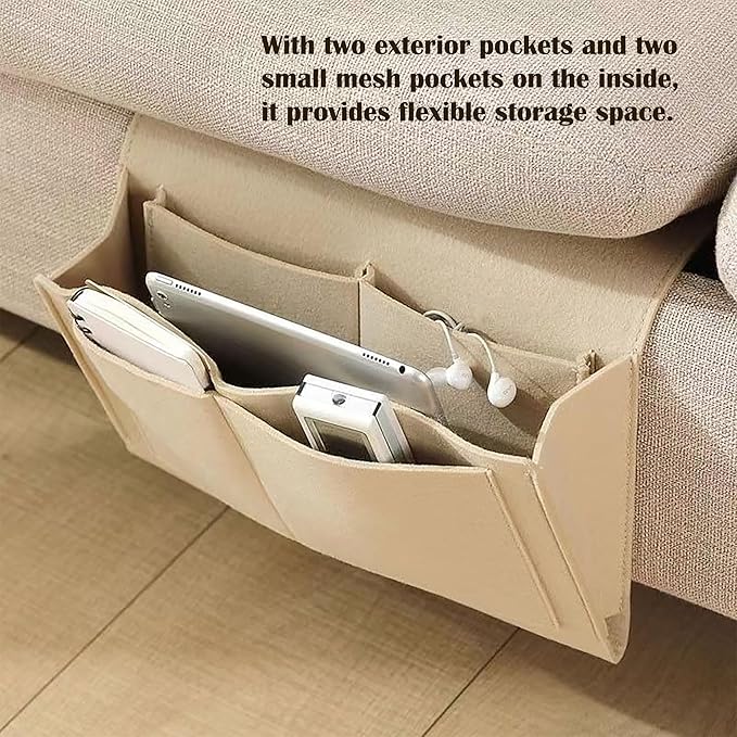 Bedside Caddy, 5 Pockets Felt Bedside Storage Organizer, Hanging Storage Organizer for Home Bedroom Living Room College Dorm Bed Water Bottles, Magazines, Phone, Glasses (Gray)