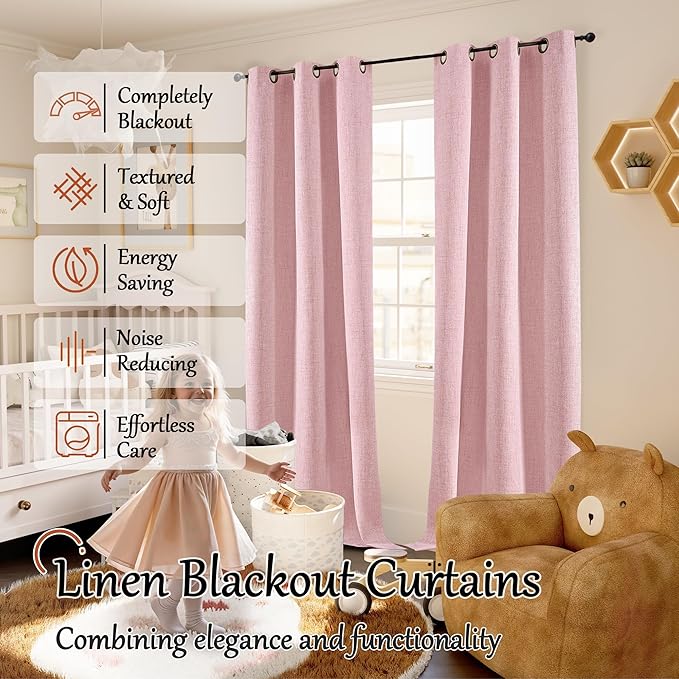 Baby Pink Linen Blackout Curtains 84 Inch Long for Living Room Narrow Window, 38 Inch Wide Thermal Insulated Light Blocking Small Curtains for Girls Bedroom Kids Nursery, 38x84 Inch 2 Panels