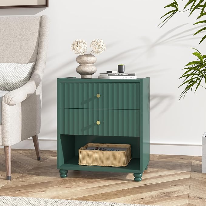 Modern Nightstand Set of 2, Fluted End Table with Open Shelf, Night Stand with 2 Drawers for Bedroom (Green)