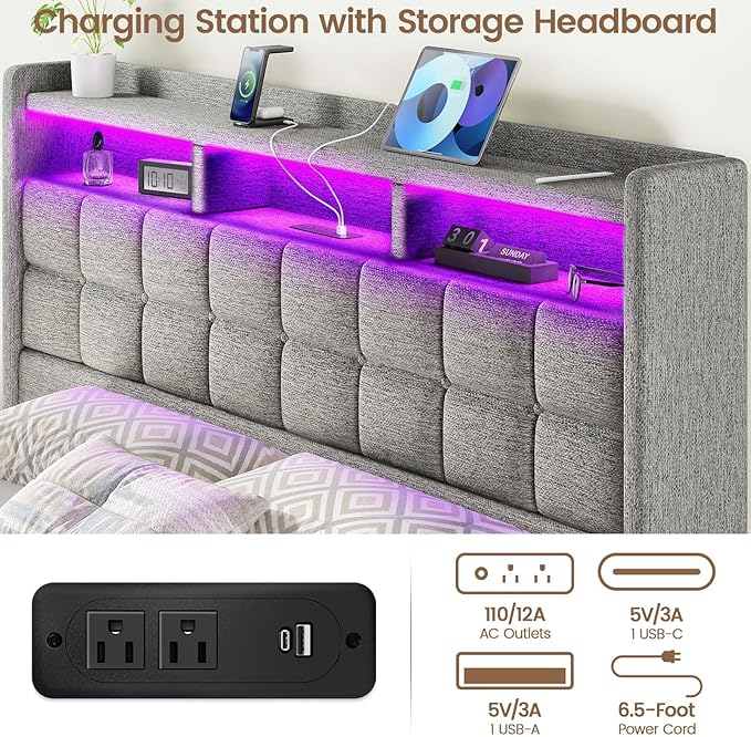 Lift Up King Size Bed Frame with Storage, Upholstered King Bed Frame with Charging Station and LED Lights Headboard, No Box Spring Needed, Easy Assembly - Light Grey