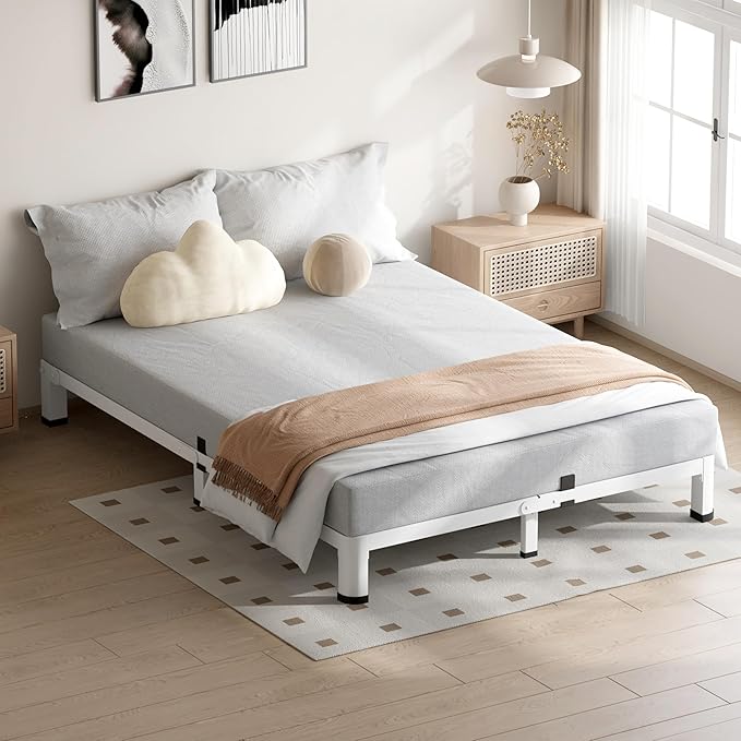 4 Inch White King Size Bed Frame, 3500Lbs Heavy Duty Metal Platform with Round Corner Legs Mattress Slide Stopper, Steel Slat Support No Box Spring Needed, Noise Free, Non-Slip, Easy Assembly