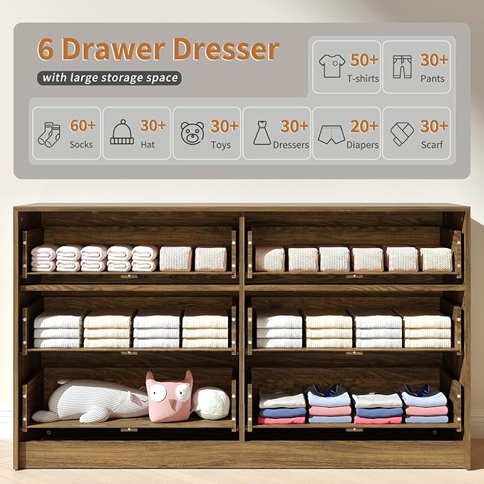 6 Drawer Dresser & Nightstand Set 3-Piece, 55” Wide Bedroom Set Night Stand Set of 2 with Metal Handle, Fluted Modern Wood Chest of Drawers Storage Dressers Set for Bedroom, Walnut