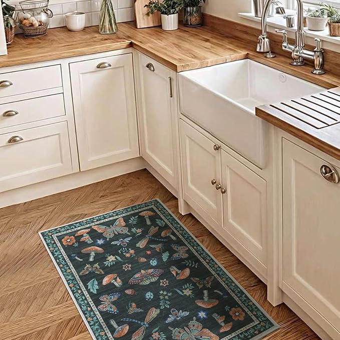 Mushroom Small Rug 2x3 Washable Door Mat Indoor Rugs for Entryway Non-Slip Soft Ultra-Thin Stain Resistant Foldable Rugs Kitchen Bedroom Living Room Black