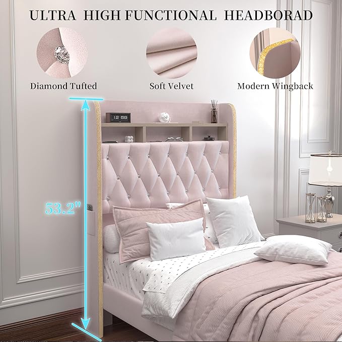 Twin LED Bed Frame with Storage Drawer, Velvet Upholstered Platform Beds with Galaxy Star Projector and Speaker, Aurora Bedframe with 2-Tier Storage Headboard for Small Bedroom Apartment, Pink