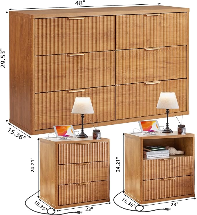 LEYAOYAO 48" Wide Fluted Dresser and 23" Nightstand Set of 2, Wooden Dresser & Night Stand with Charging Station, 3 Piece Bedroom Furniture Set, Chest of Drawer for Living Room,Brown
