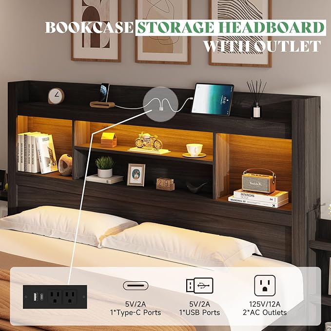 AMERLIFE King Size Bed Frame with 4 Storage Drawers, LED Bed Frame with 49.6" Tall Bookcase Headboard, Wood Platform Bed with Charging Station & 2 Slide Bedside Shelf, No Box Spring Needed/Black