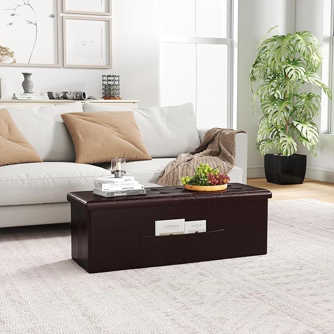 Giantex 43 Inches Folding Storage Ottoman Bench, Upholstered PU Leather Storage Chest with Side Pocket, Padded Seat, End of Bed Bench, Collapsible Ottoman Foot Rest for Living Room, Bedroom & Entryway