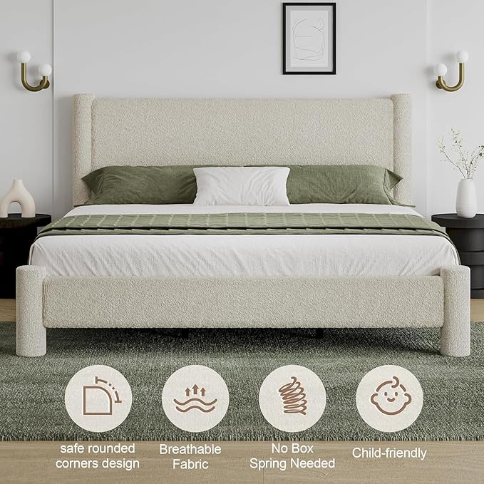 California King Size Bed Frame, Boucle Bed Frame with Headborad, Soft Upholstered Platform Bed Frame with Rounded Corners, No Box Spring Required, Easy Assembly, Cream