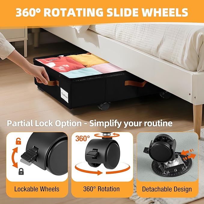 2 Pack Under Bed Storage with Wheels – 30.5×17×5.5 Inch, Underbed Storage with Sturdy Sidewalls/Bottom, Clear Cover, Label and PU Handle, Rolling Under Bed Drawers for Clothes, Shoes, Toys, Blankets