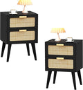 YAUKOMEL Rattan Nightstand Set of 2,Mid Century Modern Bedside Table with Storage,End Table,Side Table with 2 Hand Made Rattan Decorated Drawers for Livingroom, Bedroom, Black CTG59B-2