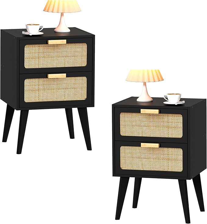 YAUKOMEL Rattan Nightstand Set of 2,Mid Century Modern Bedside Table with Storage,End Table,Side Table with 2 Hand Made Rattan Decorated Drawers for Livingroom, Bedroom, Black CTG59B-2