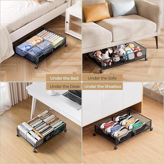 Yecaye Under Bed Storage with Wheels, 2 Pack Under Bed Shoe Storage Organizer Drawer, Tool-free Assembly Metal Underbed Storage Containers for Clothes, Shoes, Black