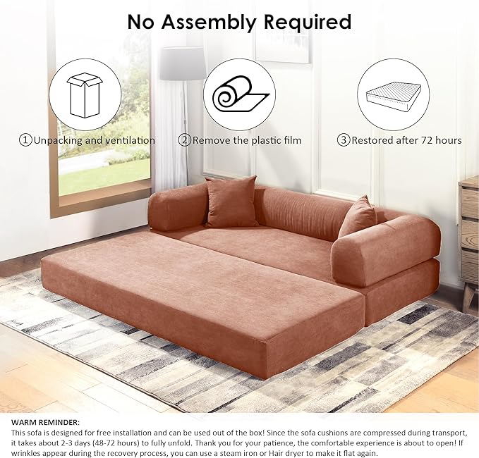 80" Convertible Sofa Bed, 3-in-1 Corduroy Folding Pull Out Couch with Pillows, No Assembly Modern Boneless Couch Compression Sofa in Box, Floor Sofa with Side Storage Pocket for Living Room,Pink