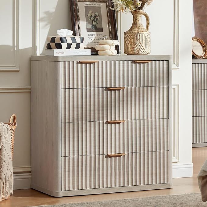 LEYAOYAO Fluted 5 Drawers Dresser for Bedroom, 34" Tall Modern Chest of Drawers with Metal Handle, Curved Profile Design,Lightgrey Wood Drawer Organizer for Bedroom, Living Room, Hallway, Entryway