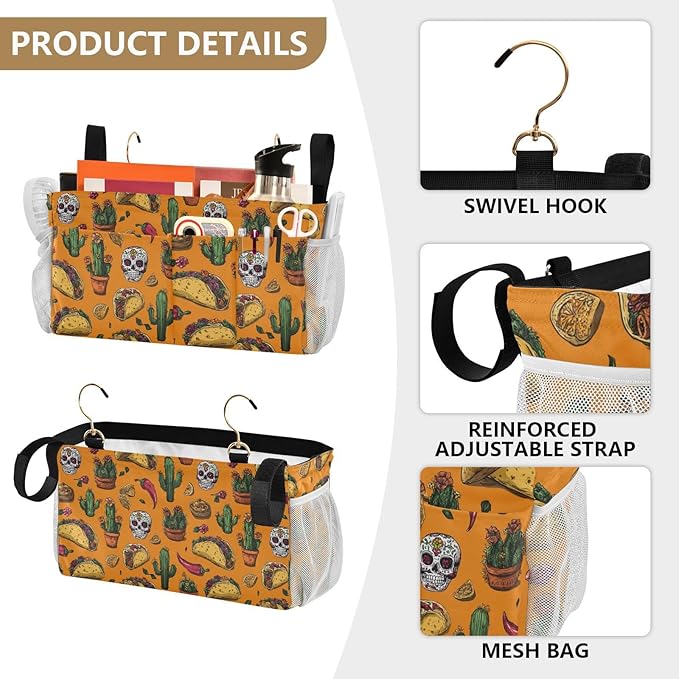 Bedside Caddy Hanging Bunk Bed Caddy Bed Organizer Hanging Pocket with 2 Hooks Bedside Storage Organizer Pocket Bag Holder Orange Mexico Tacos Chilis Skulls