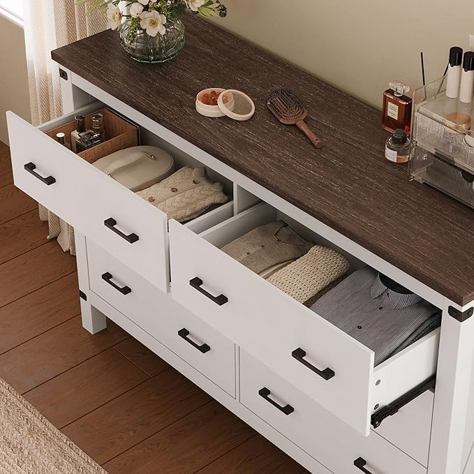LINSY HOME Farmhouse 6 Drawer Double Dresser for Bedroom, 53” Wide Rustic Wood Chest with Deep Drawers, Modern Dressers with Storage and Metal Handles for Closet, Living Room, Hallway, Off White